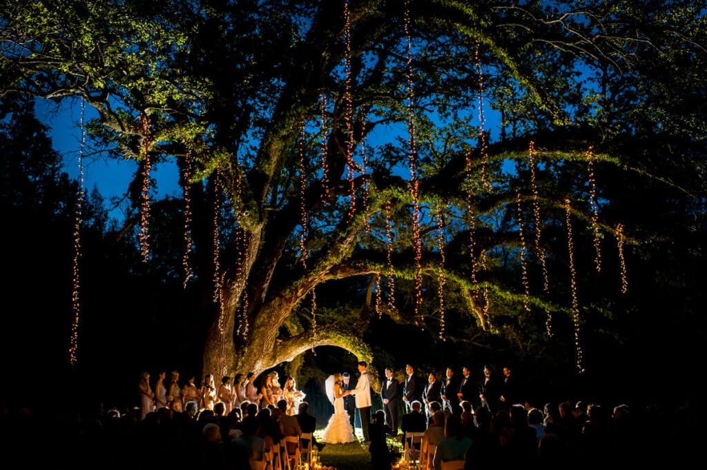 Cérémonie de mariage nocturne sous un arbre illuminé de guirlandes lumineuses.