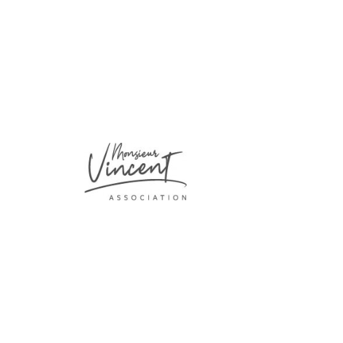 Logo de l’Association Monsieur Vincent avec une typographie manuscrite élégante et une mise en page épurée.
