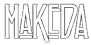 Logo blanc avec l'inscription "MAKEDA" en typographie moderne et stylisée, avec bordure noires sur fond transparent.