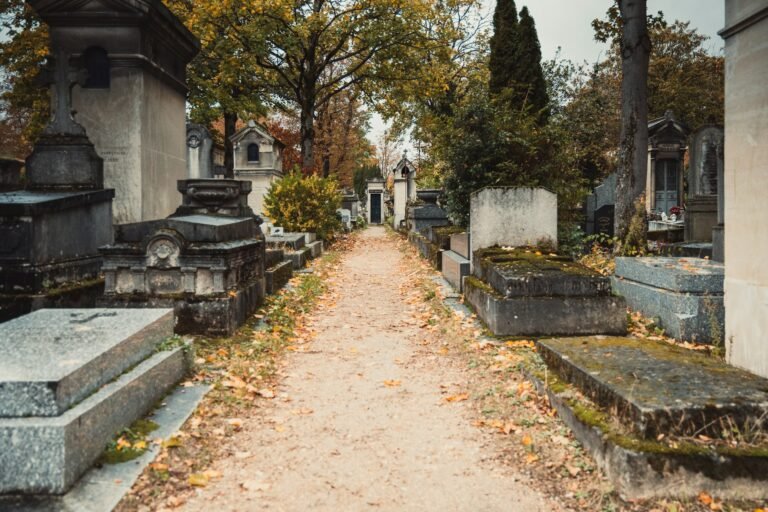 Allée d’un cimetière bordée de tombes et de monuments funéraires