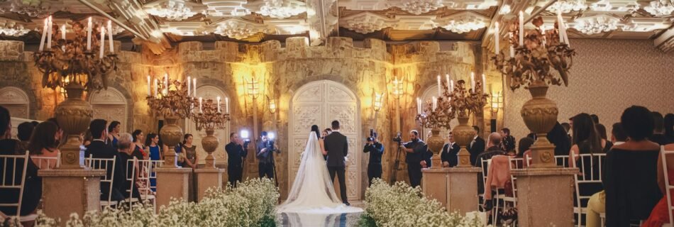 Mariage somptueux dans une salle luxueuse, avec les mariés au centre d’un décor fleuri et élégant entourés d’invités.