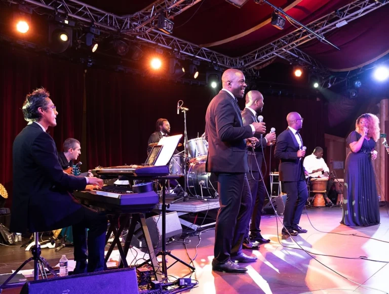 Groupe de chanteurs et musiciens gospel se produisant sur scène lors d’un concert